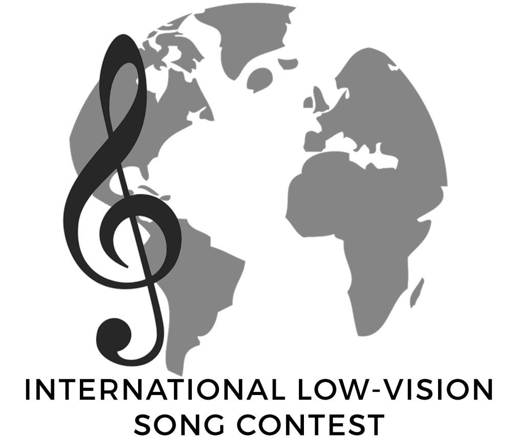 A world globe in gray with a large S crossing it representing the logo of the International Low-Vision Song contest