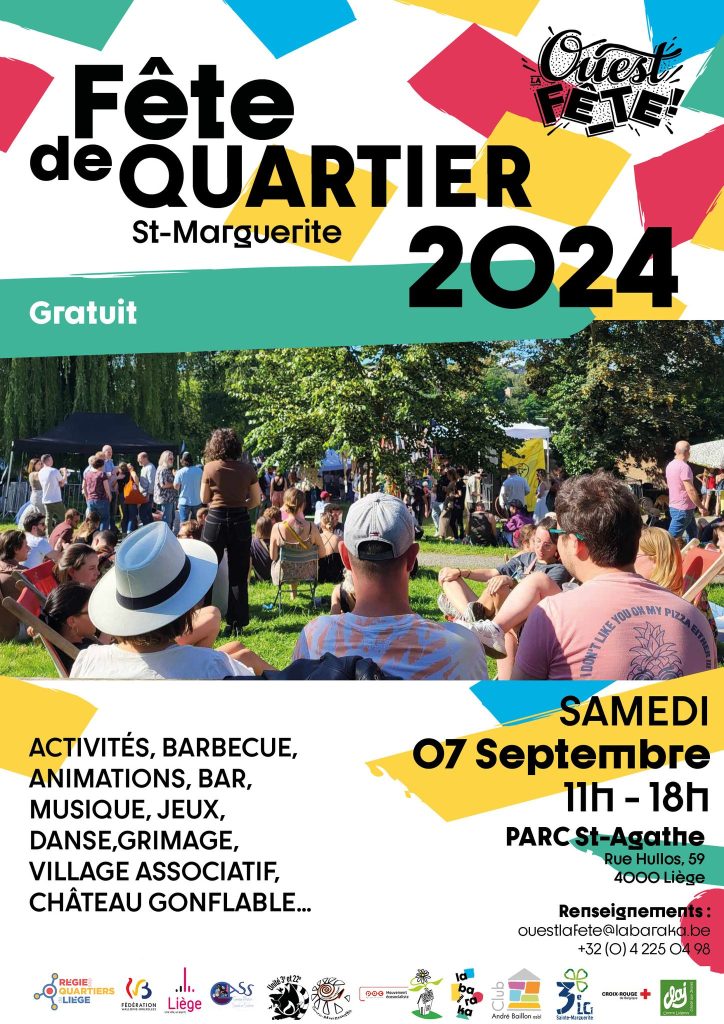 Flyer advertising the Sainte-Marguerite neighbourhood celebration (in French), on Saturday 7 September 2024 at Sainte-Agathe Park in Liège, with activities, bbq, animations, bar, music, gamrs, inflatable castle...