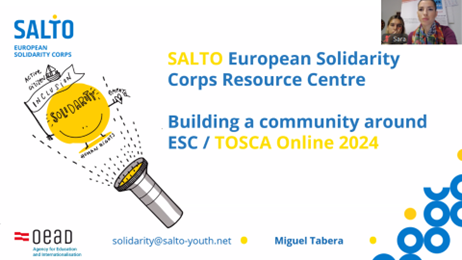 The first slide from a presentation by SALTO European Solidarity Resource centre - the title is "Building a community around ESC/Tosca Online 2024"