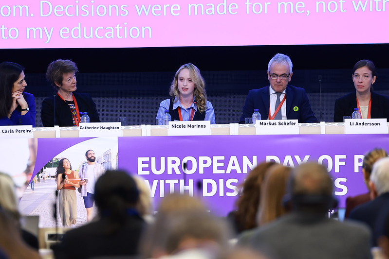 Photo of the speakers of panel 1 during Nicole Marinos's speech